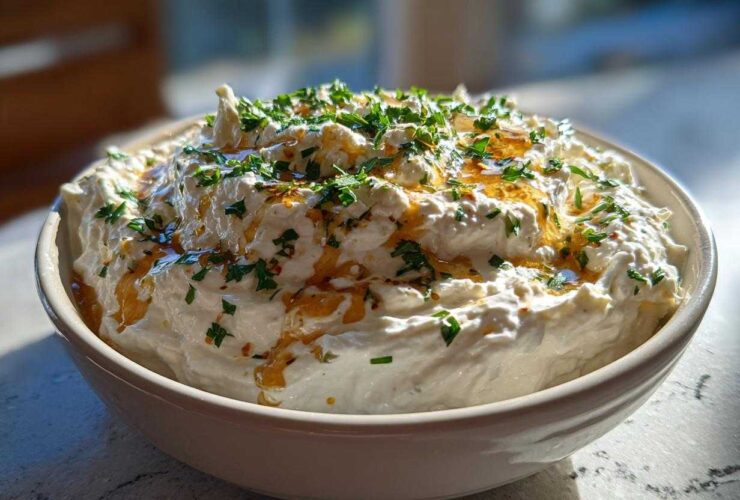 A bowl of fluffy whipped feta dip drizzled with honey and sprinkled with fresh green parsley.