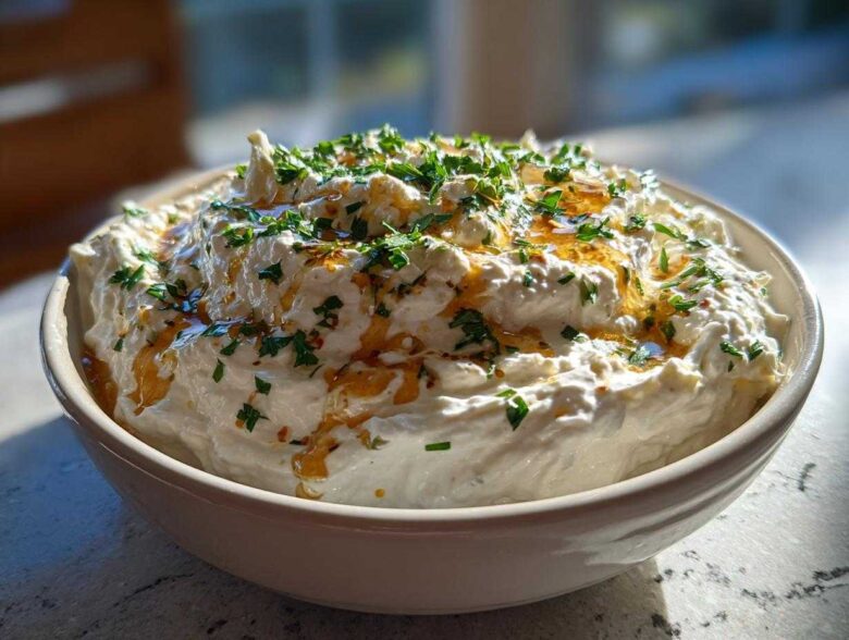A bowl of fluffy whipped feta dip drizzled with honey and sprinkled with fresh green parsley.