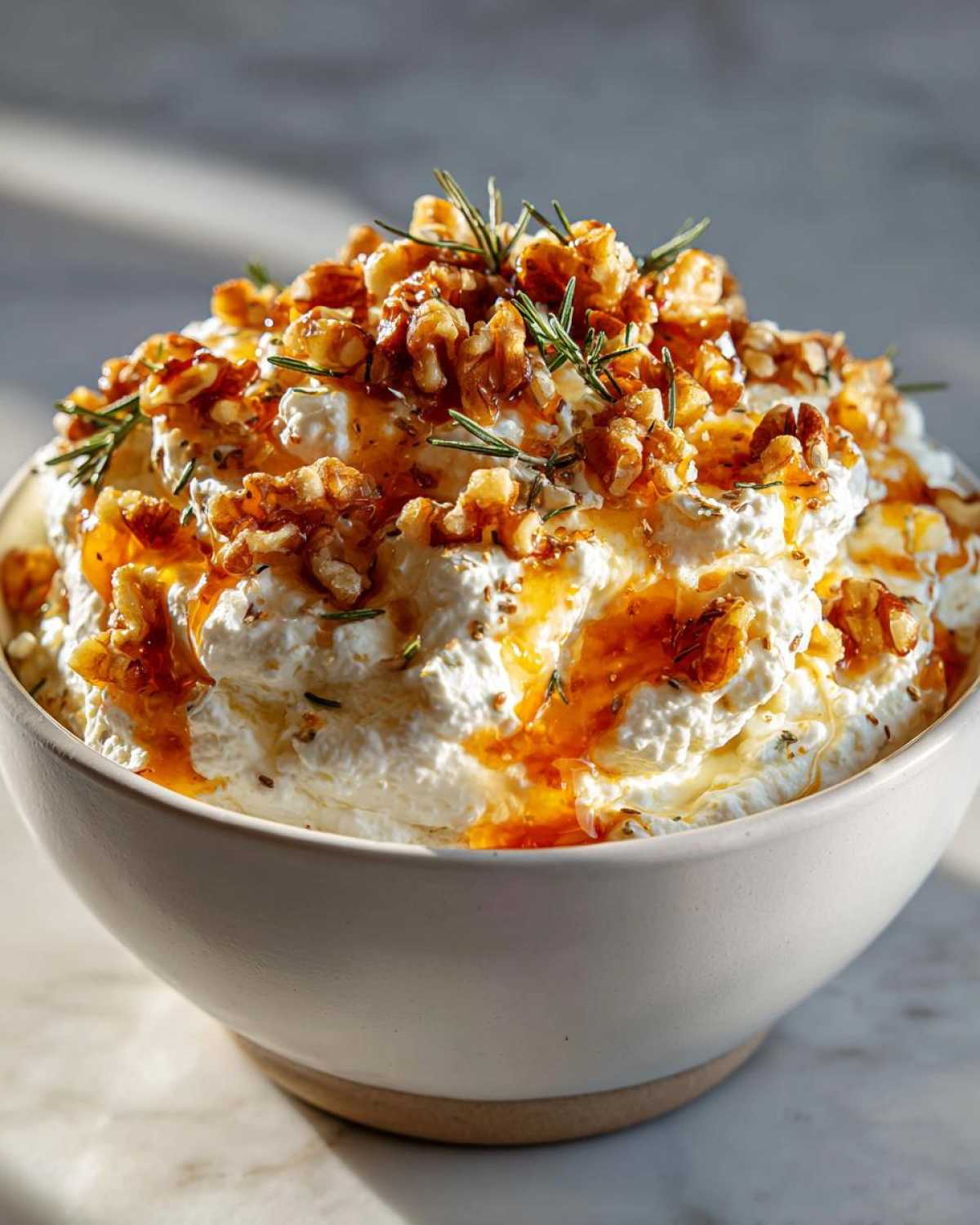 A bowl of creamy whipped ricotta dip topped generously with candied walnuts, honey drizzle, and fresh rosemary sprigs.