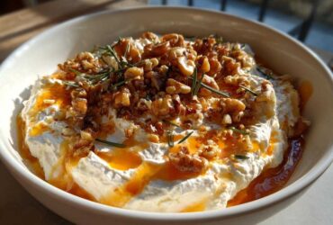 Close-up of a bowl of creamy whipped ricotta dip drizzled with honey and topped with toasted walnuts and rosemary.