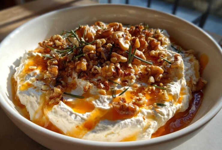 Close-up of a bowl of creamy whipped ricotta dip drizzled with honey and topped with toasted walnuts and rosemary.
