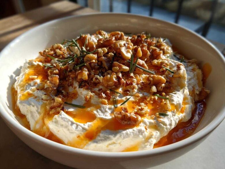 Close-up of a bowl of creamy whipped ricotta dip drizzled with honey and topped with toasted walnuts and rosemary.
