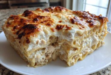 A thick, square slice of white sauce chicken lasagna with perfectly browned, bubbly cheese topping.