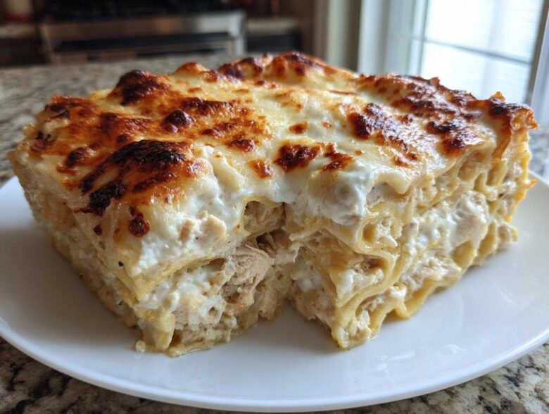A thick, square slice of white sauce chicken lasagna with perfectly browned, bubbly cheese topping.