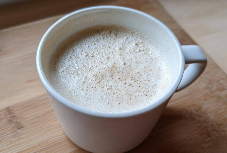 Close-up of a creamy white hot chocolate topped with foam in a white mug.
