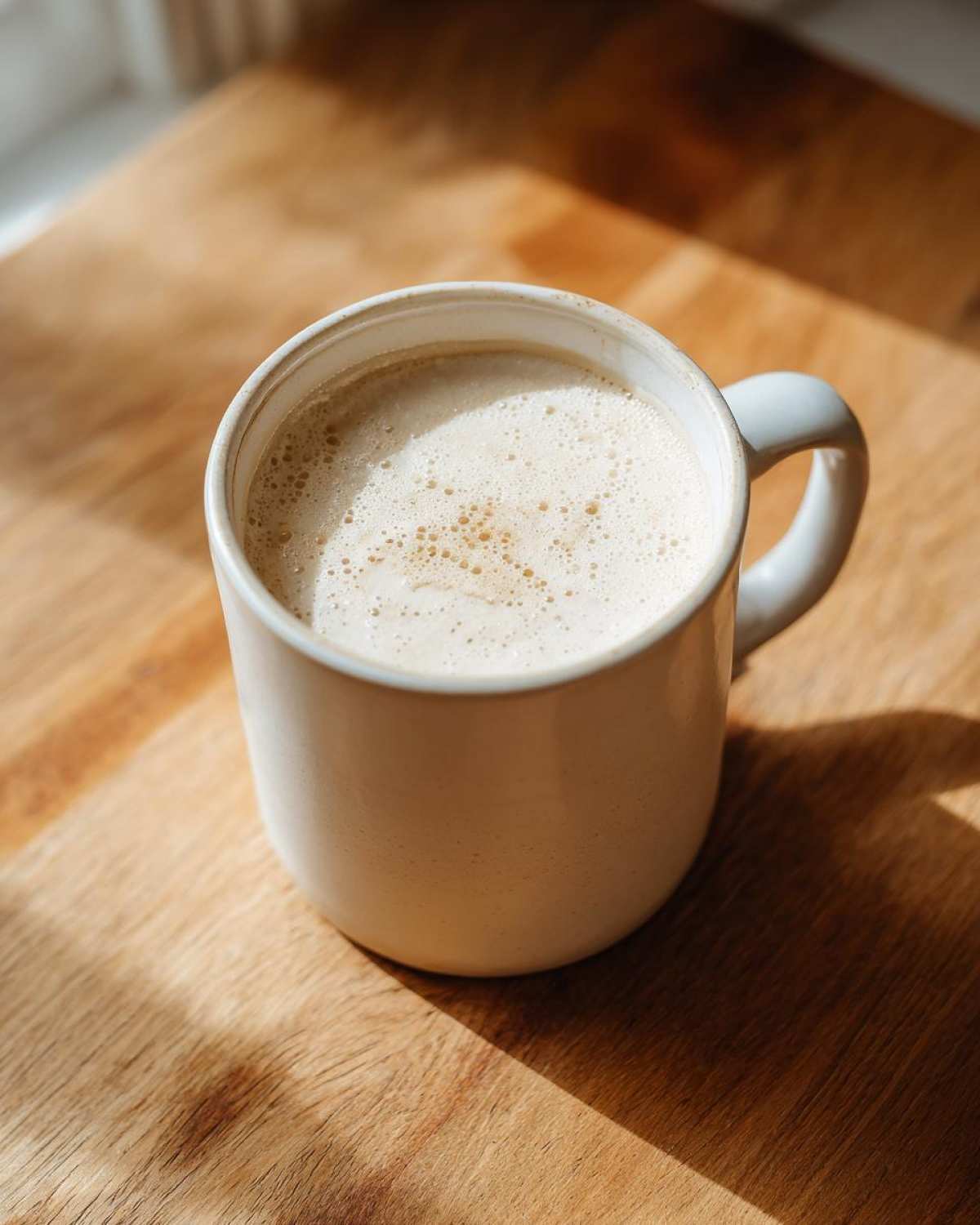 A creamy mug of white hot chocolate with foam topping sitting on a sunlit wooden surface.
