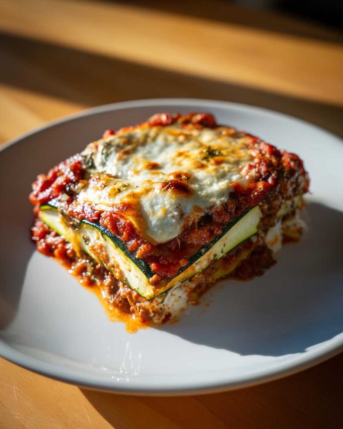 A square serving of zucchini lasagna layered with rich tomato sauce and bubbly melted mozzarella cheese.