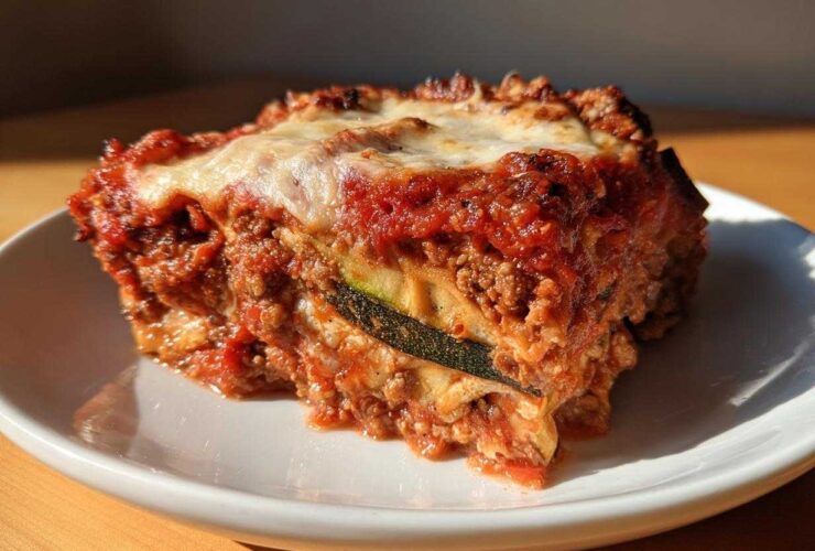 A close-up, sunlit slice of zucchini lasagna showing layers of meat sauce, cheese, and a visible zucchini noodle.