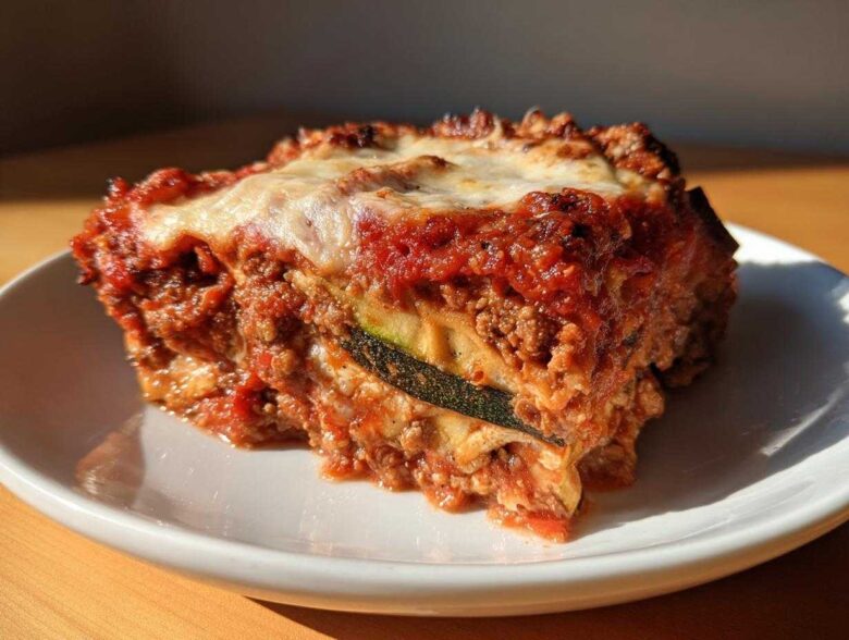 A close-up, sunlit slice of zucchini lasagna showing layers of meat sauce, cheese, and a visible zucchini noodle.