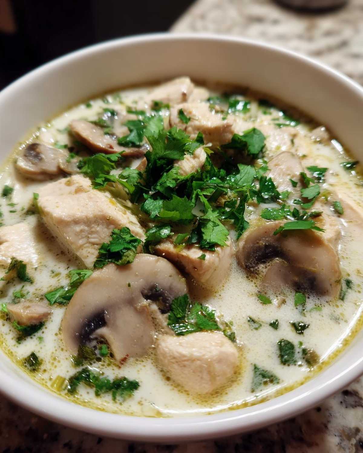 Close-up of a bowl of creamy coconut soup featuring chunks of chicken, sliced mushrooms, and fresh cilantro garnish.