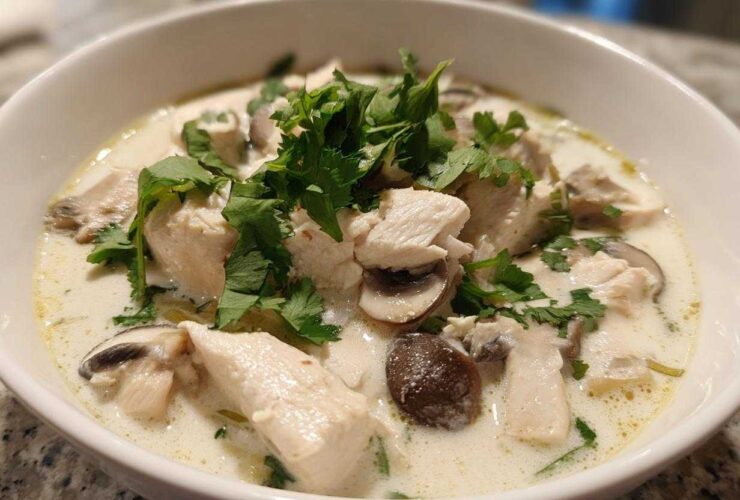 A close-up of a white bowl filled with creamy coconut soup featuring chunks of chicken, sliced mushrooms, and fresh cilantro.