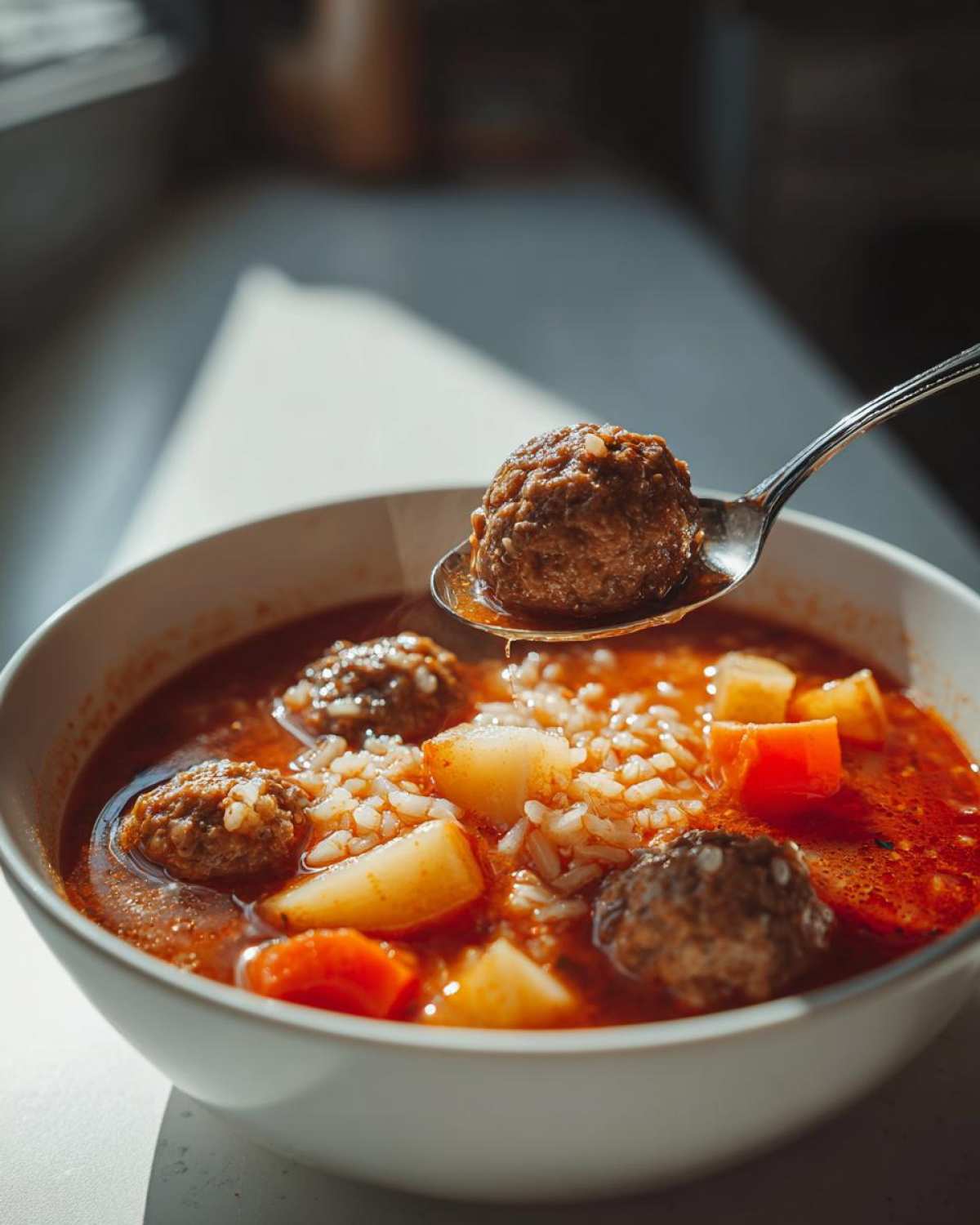 A spoonful of rich, tomato-based albondigas soup being lifted, showing a large meatball, rice, potatoes, and carrots.