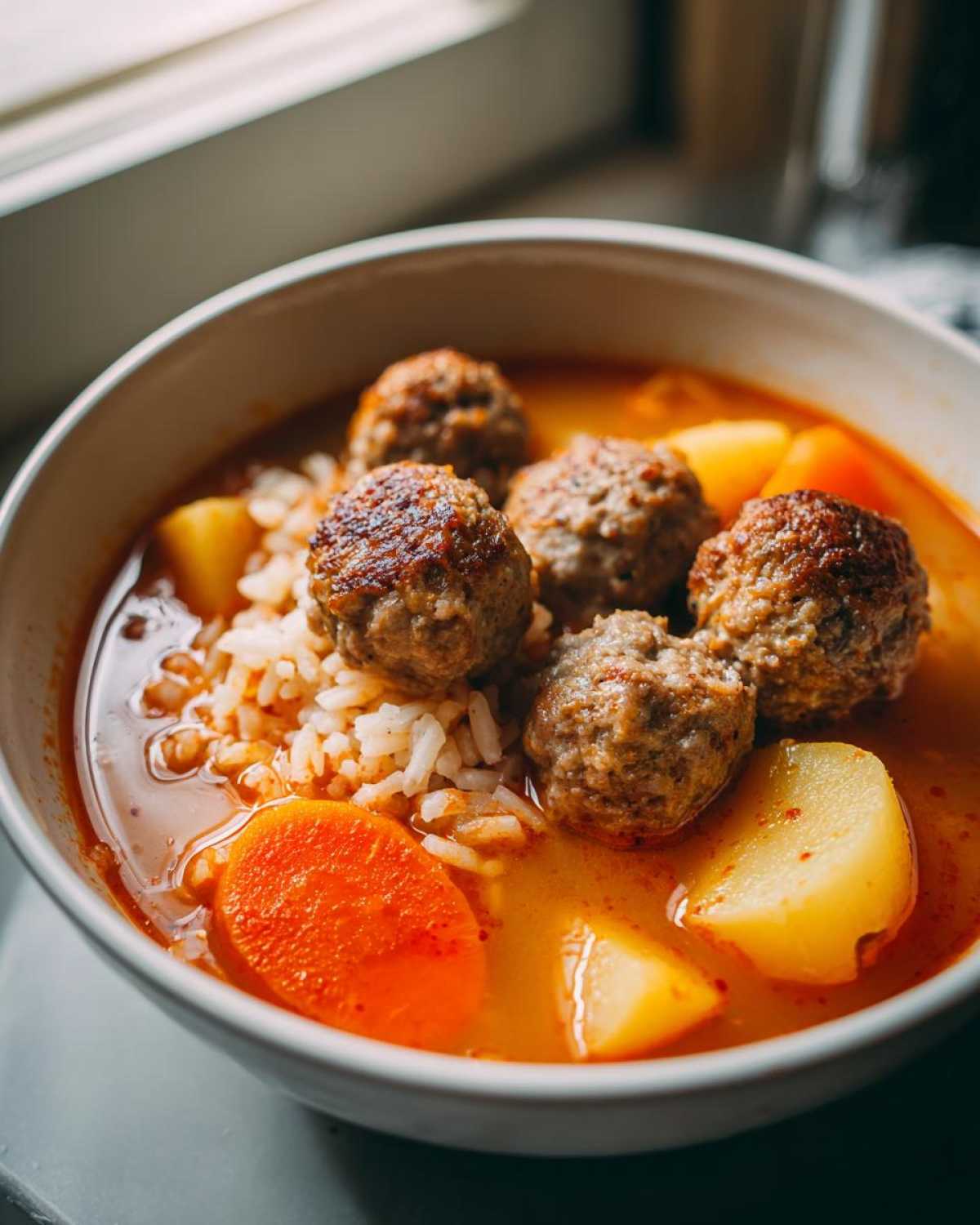Close-up of a bowl of rich albondigas soup featuring browned meatballs, rice, carrots, and potatoes in a savory broth.