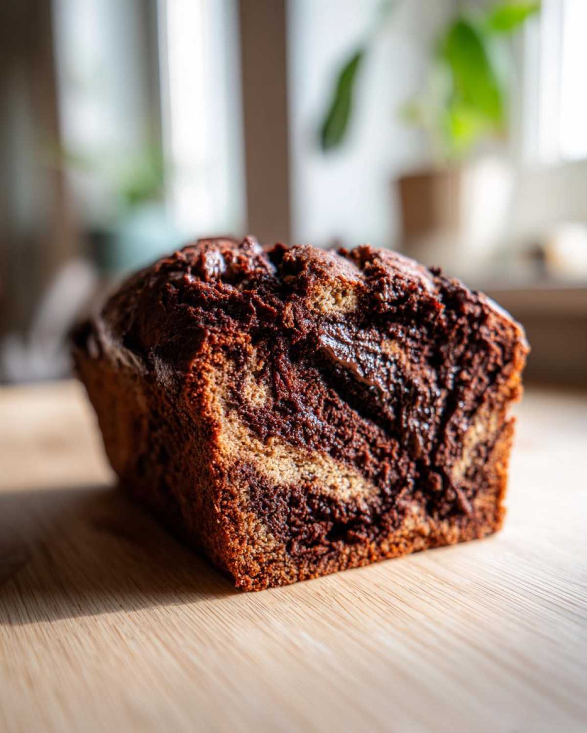 Close-up of a freshly baked loaf of marbled chocolate bread sitting on a wooden cutting board.