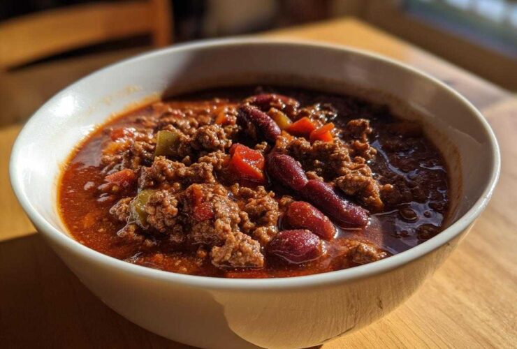 Close-up of a white bowl filled with rich, hearty chili featuring ground meat and kidney beans.