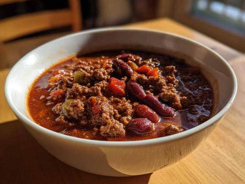 Close-up of a white bowl filled with rich, hearty chili featuring ground meat and kidney beans.