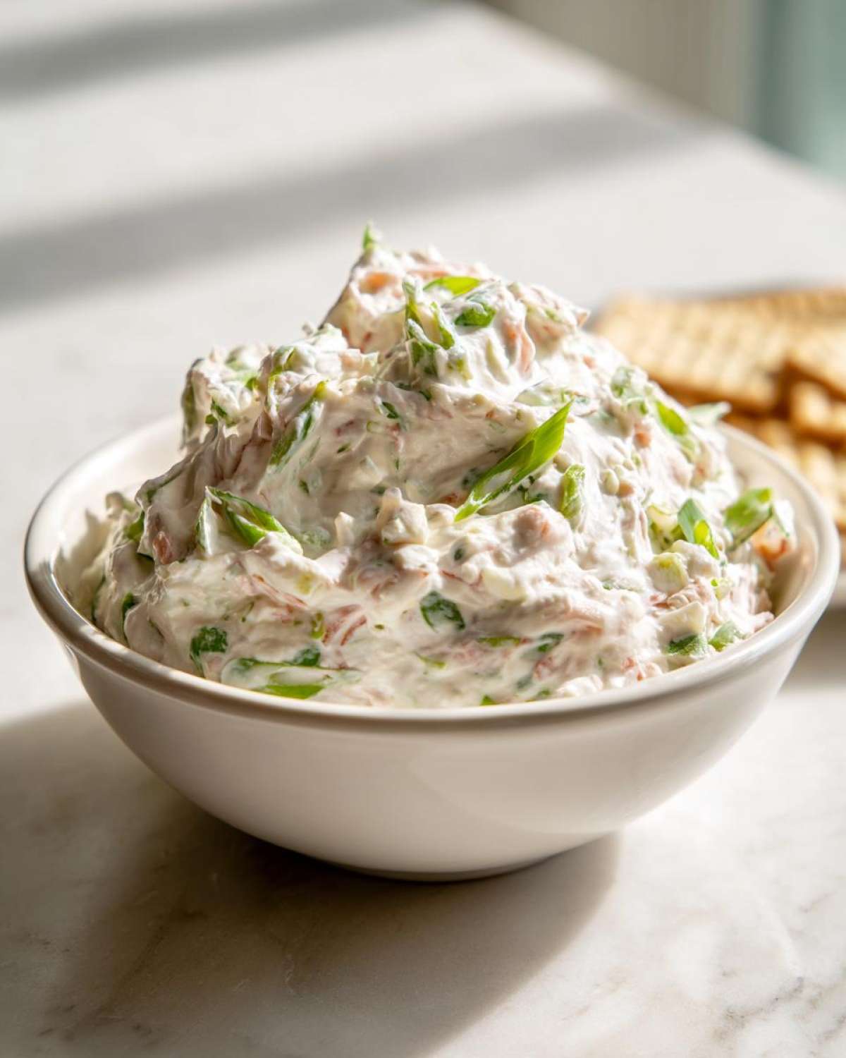 A generous serving of creamy, fresh clam dip topped with green onions in a white bowl, with crackers visible in the background.