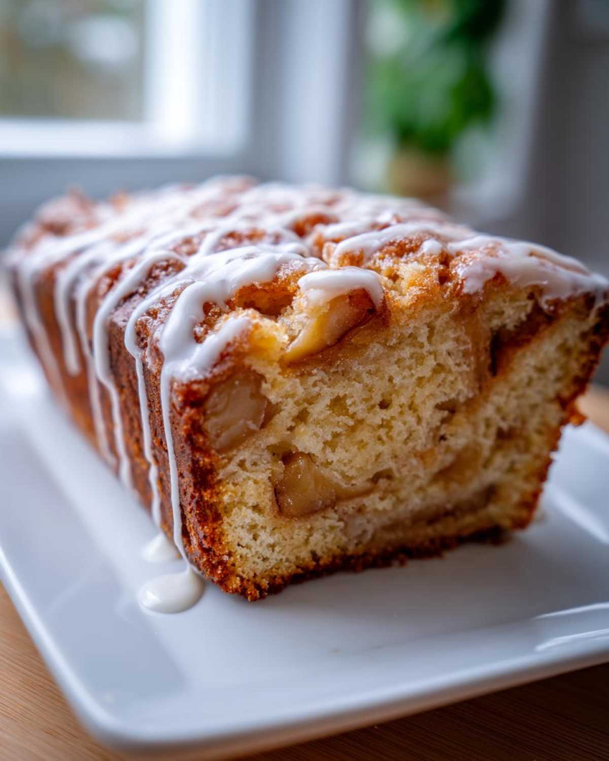 A freshly baked apple fritter bread loaf drizzled with white glaze, sitting on a white plate.