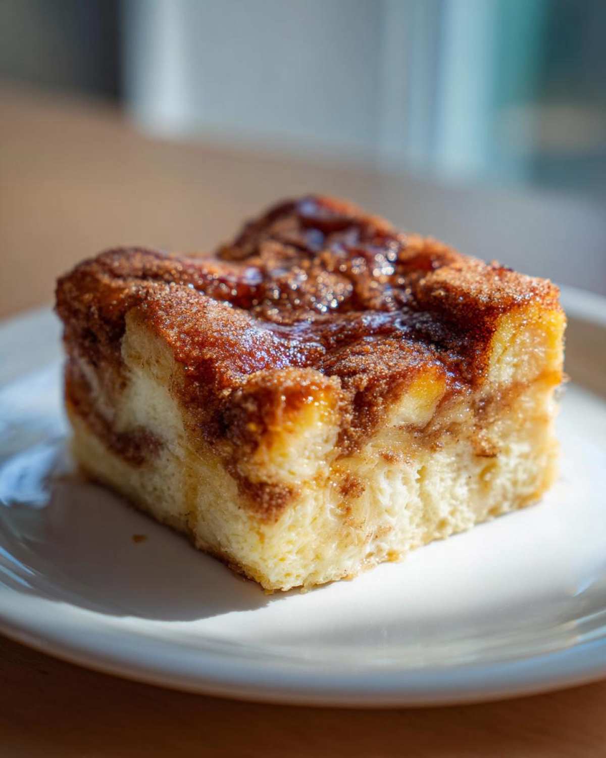 A square serving of moist baked french toast with a gooey cinnamon sugar topping.