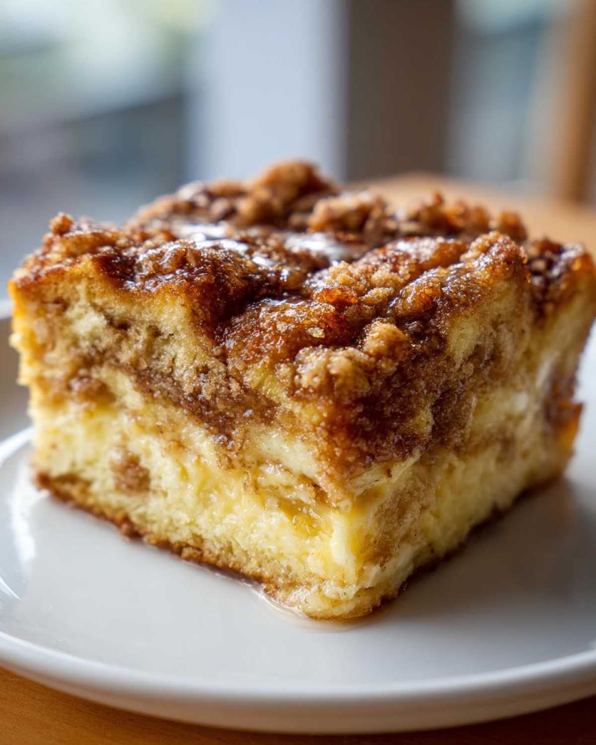 Close-up of a square slice of amazing baked french toast with a rich cinnamon swirl and crunchy streusel topping.