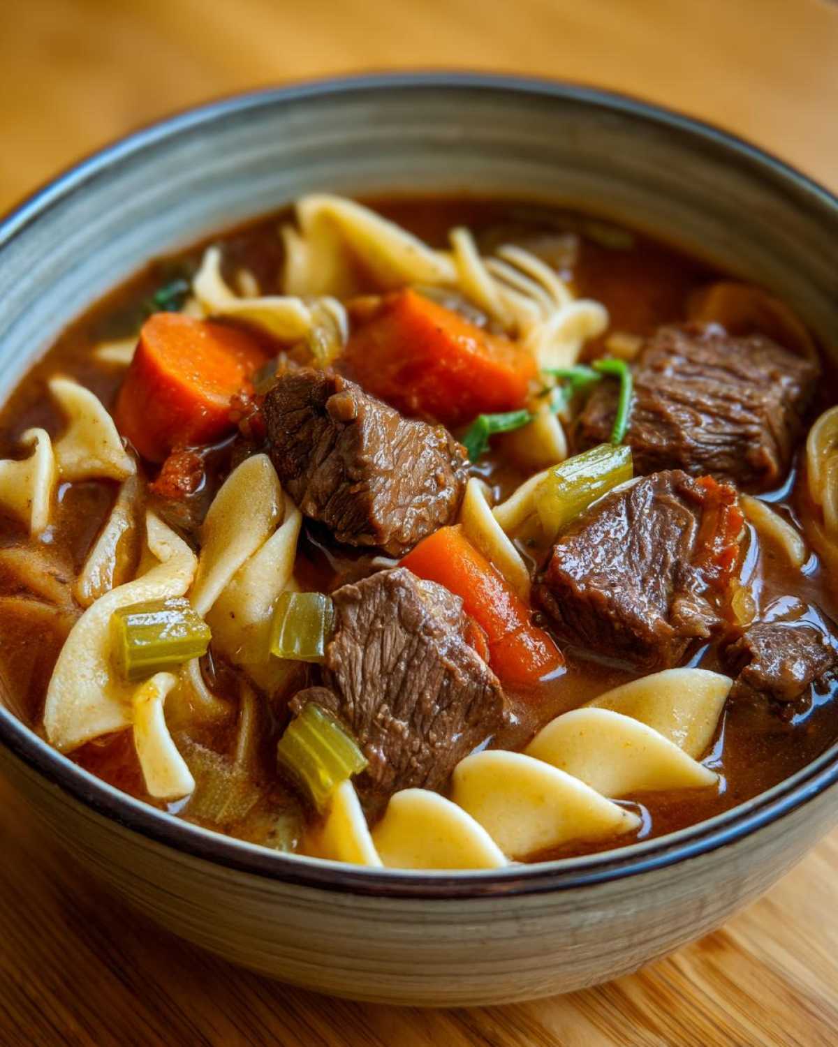 Close-up of a rich bowl of amazing beef noodle soup with chunks of tender beef, carrots, and egg noodles.