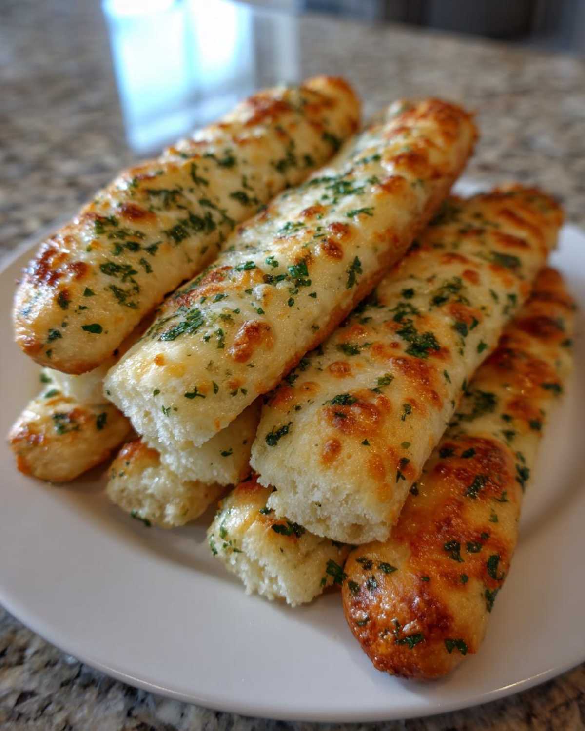 A close-up stack of freshly baked, golden brown breadsticks topped with melted cheese and parsley.