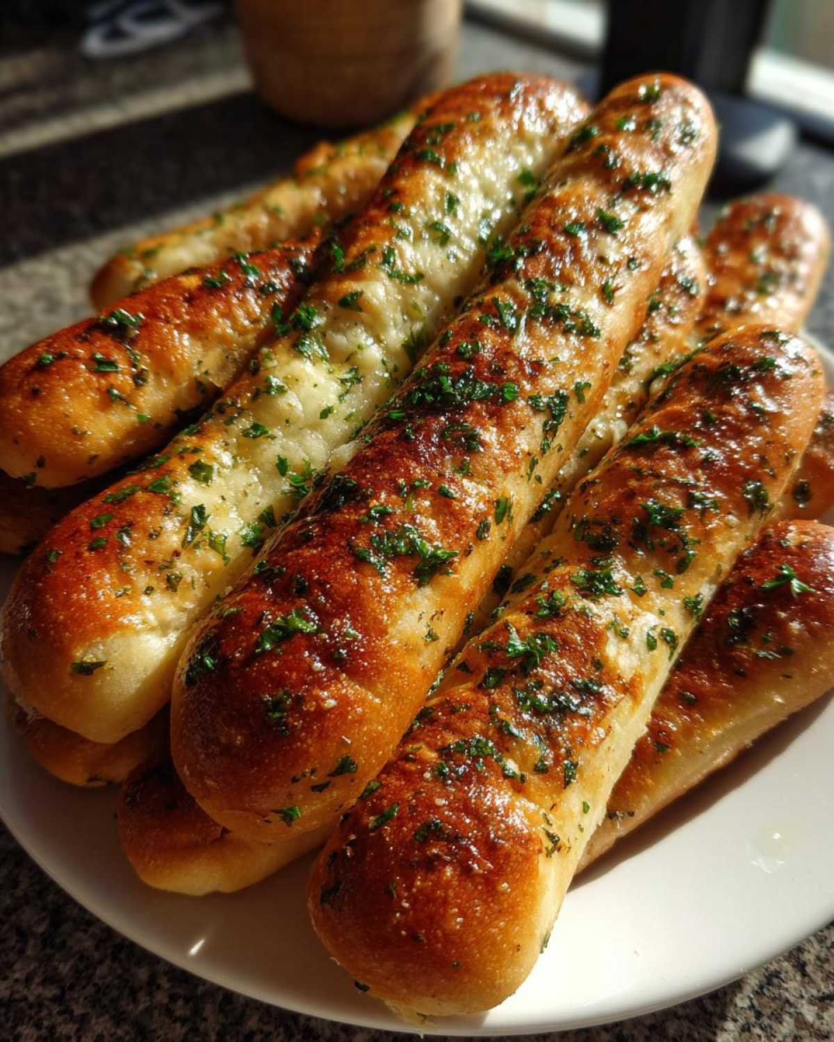 A close-up of several golden brown, buttery breadsticks sprinkled generously with green parsley flakes.