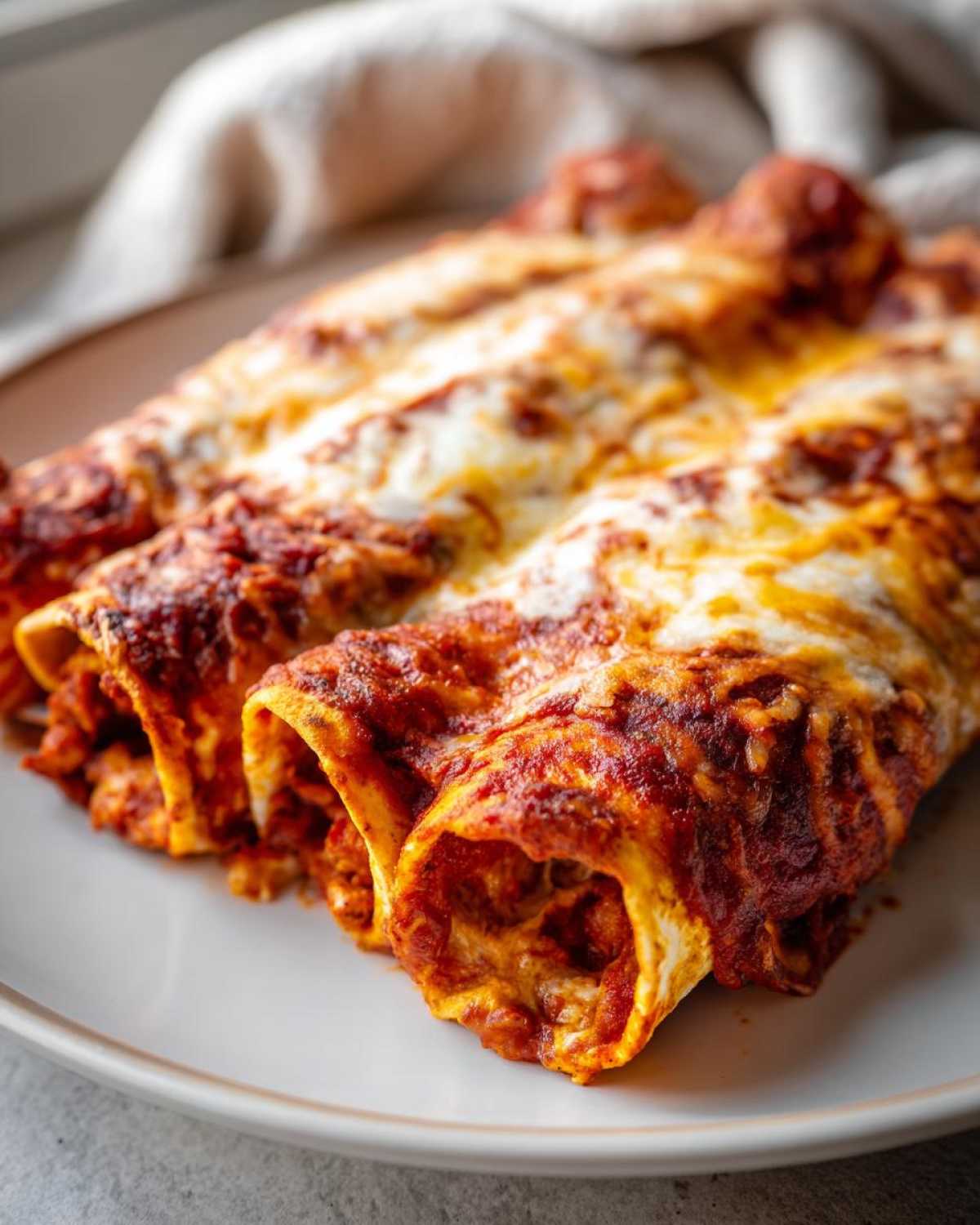Close-up of three baked cheese enchiladas covered in rich red sauce and melted, bubbly cheese.