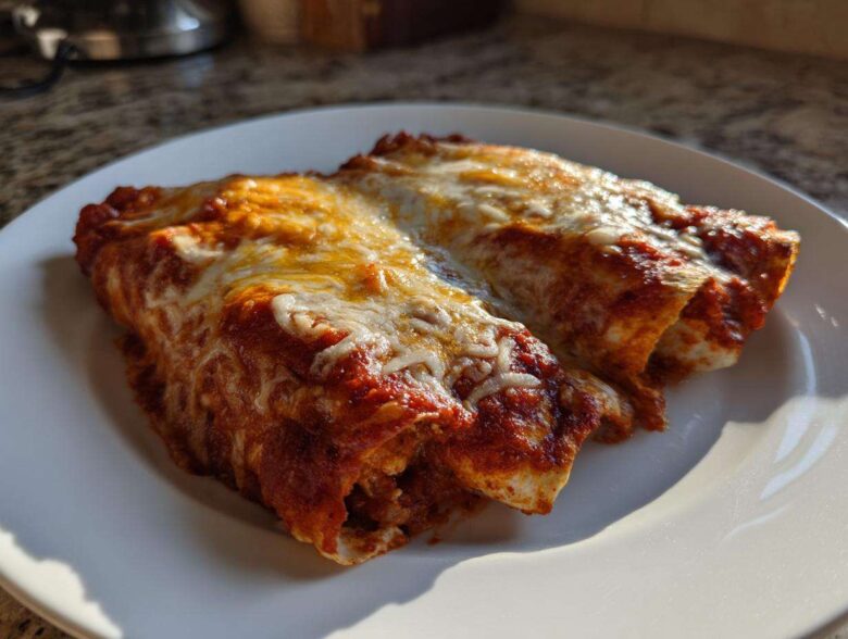Close-up of two rolled cheese enchiladas covered in rich red sauce and melted, bubbly cheese.