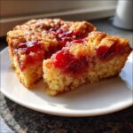 Two moist slices of amazing 3 ingredient cherry dump cake with bright red cherry filling on a white plate.