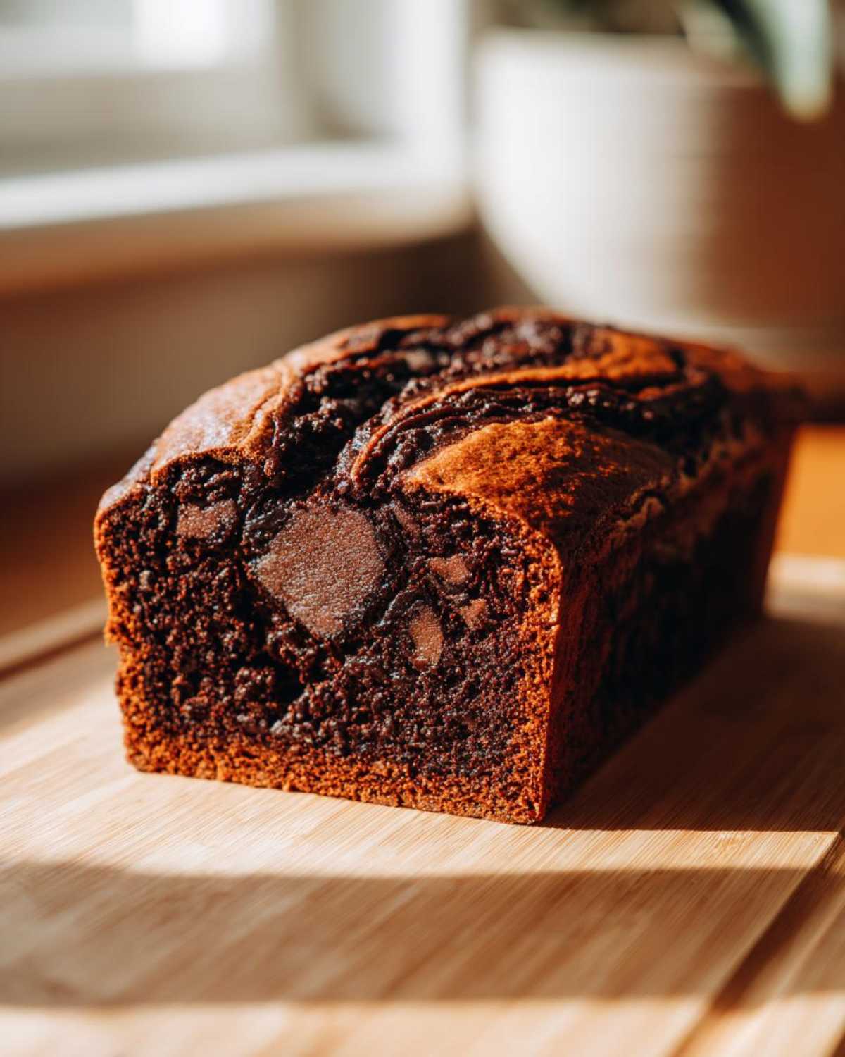A rich, dark chocolate bread loaf with visible chocolate chunks, sitting on a wooden cutting board in sunlight.