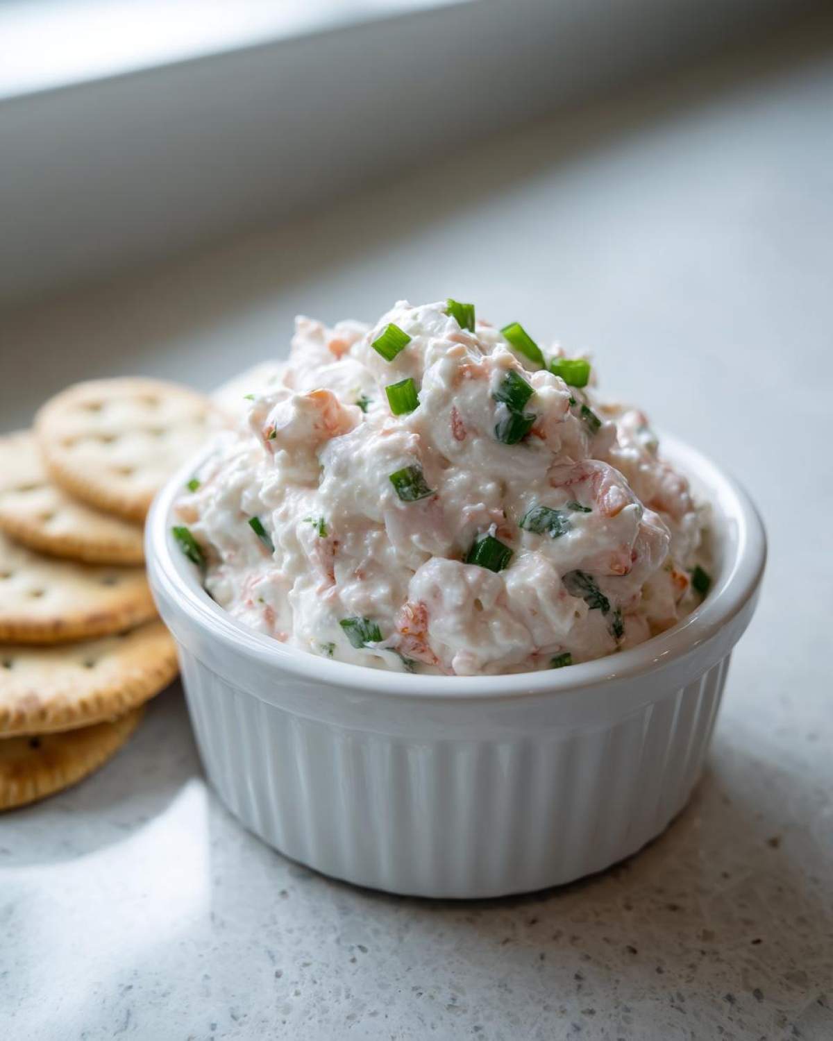 A creamy, pinkish-white clam dip topped with fresh chives, served in a white ramekin next to crackers.