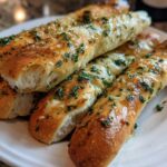 A stack of golden brown, buttery garlic breadsticks topped generously with chopped parsley, ready to eat.