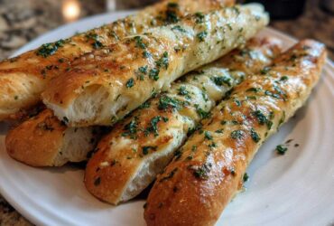 A stack of golden brown, buttery garlic breadsticks topped generously with chopped parsley, ready to eat.