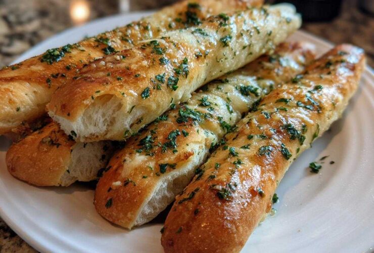 A stack of golden brown, buttery garlic breadsticks topped generously with chopped parsley, ready to eat.