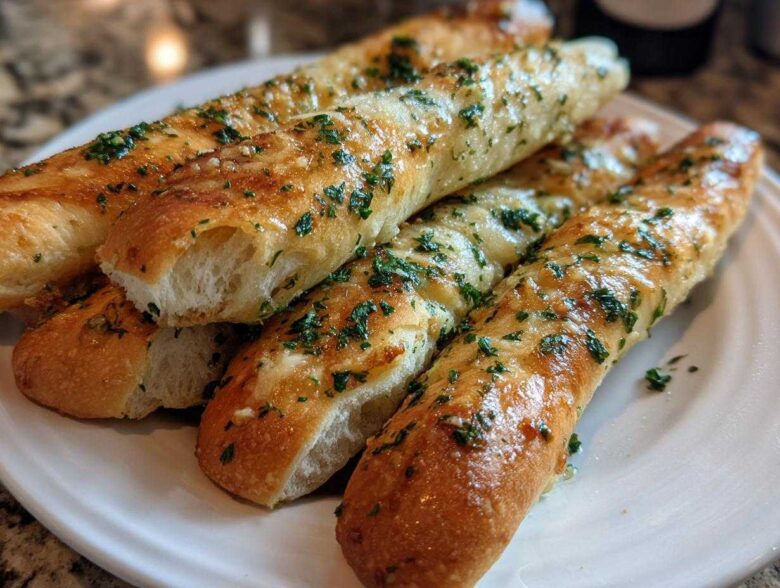 A stack of golden brown, buttery garlic breadsticks topped generously with chopped parsley, ready to eat.