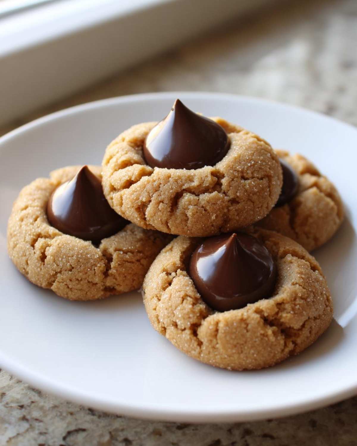 Four delicious kiss cookies, featuring a peanut butter base topped with a chocolate kiss, stacked on a white plate.
