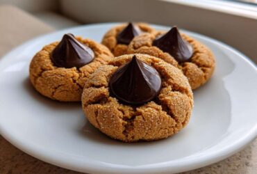 Three freshly baked peanut butter kiss cookies, rolled in sugar and topped with a chocolate candy, sitting on a white plate.