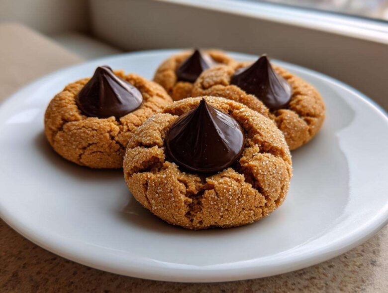 Three freshly baked peanut butter kiss cookies, rolled in sugar and topped with a chocolate candy, sitting on a white plate.