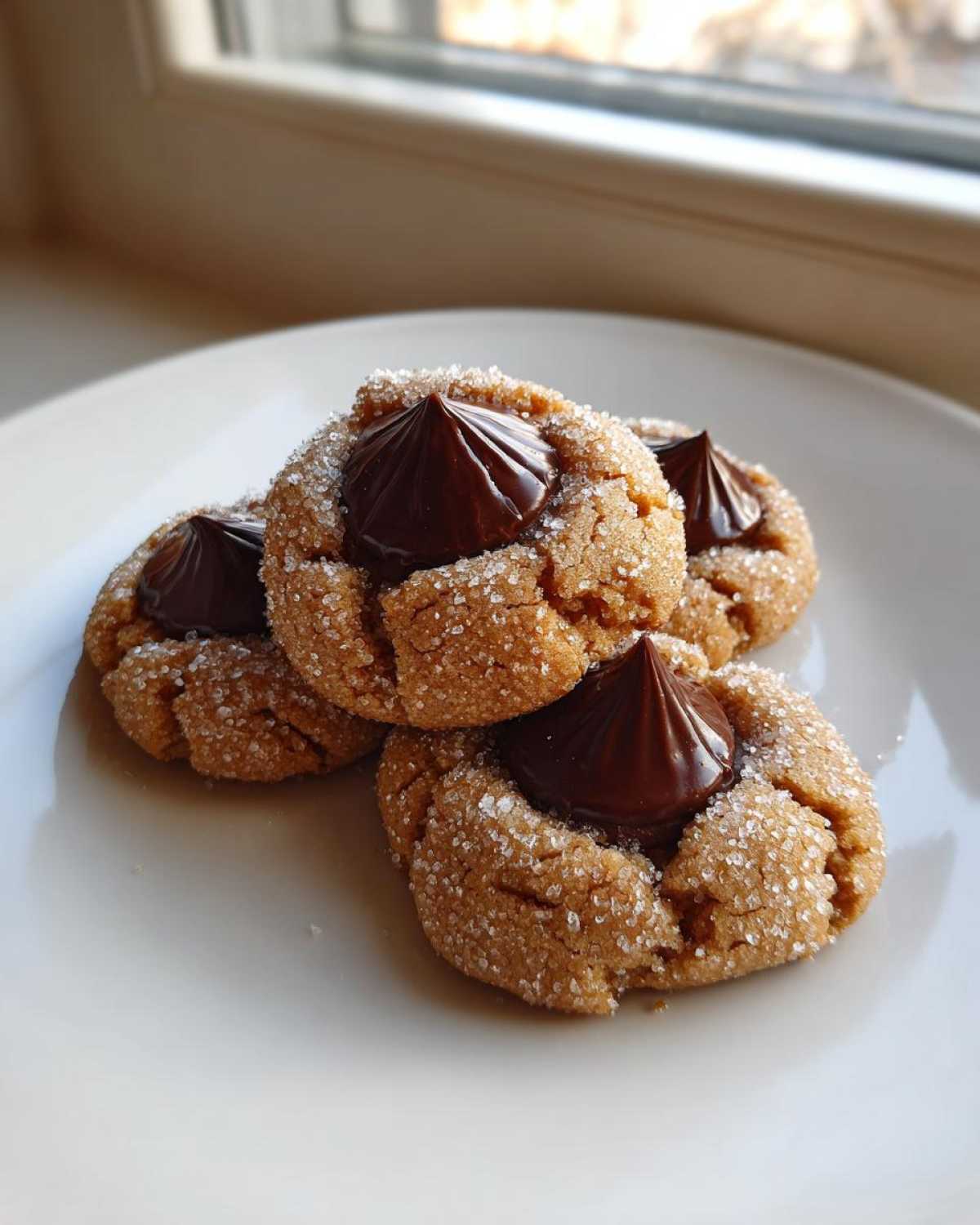 Four freshly baked peanut butter kiss cookies rolled in sugar, topped with a chocolate candy, ready to eat.