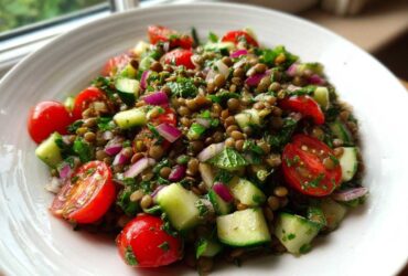 A close-up of a fresh lentil salad featuring brown lentils, chopped cucumber, halved cherry tomatoes, and red onion in a white bowl.