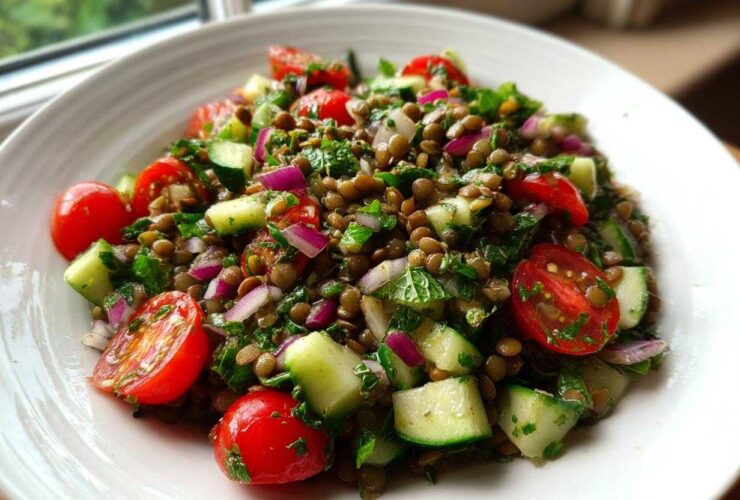 A close-up of a fresh lentil salad featuring brown lentils, chopped cucumber, halved cherry tomatoes, and red onion in a white bowl.
