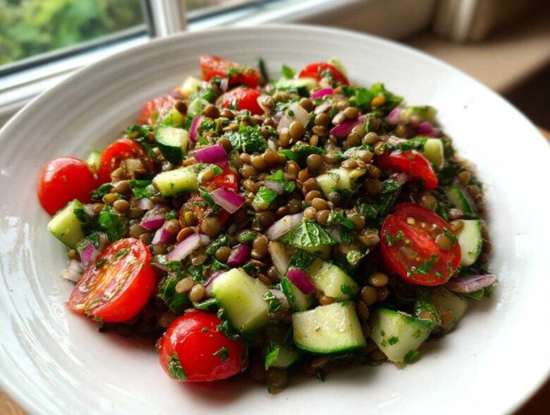 A close-up of a fresh lentil salad featuring brown lentils, chopped cucumber, halved cherry tomatoes, and red onion in a white bowl.