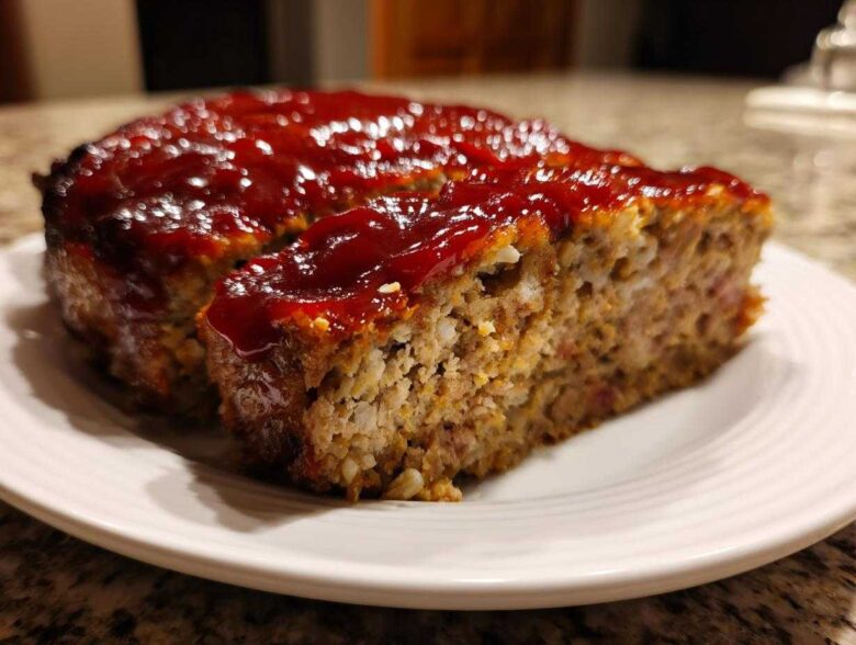 A thick slice cut from a perfectly baked meatloaf topped with a shiny, rich red glaze.