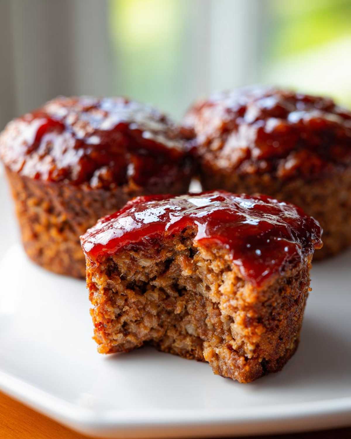 A close-up of a moist mini meatloaf topped with shiny red glaze, with one portion showing a bite taken out to reveal the texture.