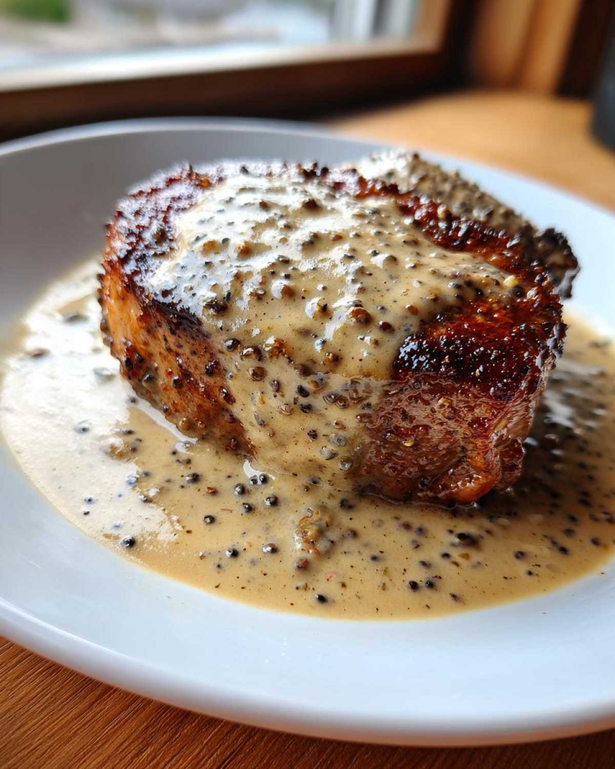 A perfectly seared steak generously covered in a rich, creamy peppercorn sauce, served on a white plate.
