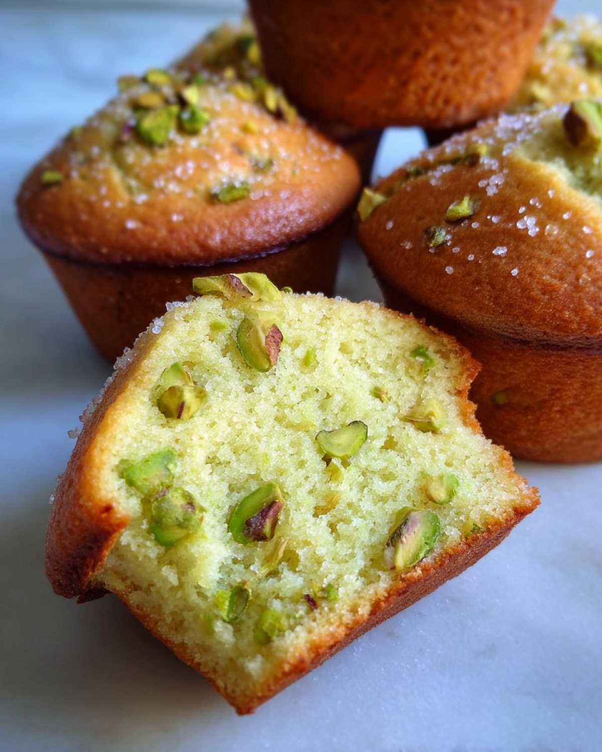 A cross-section view of one of the amazing pistachio muffins, showing the moist interior studded with green pistachio pieces.