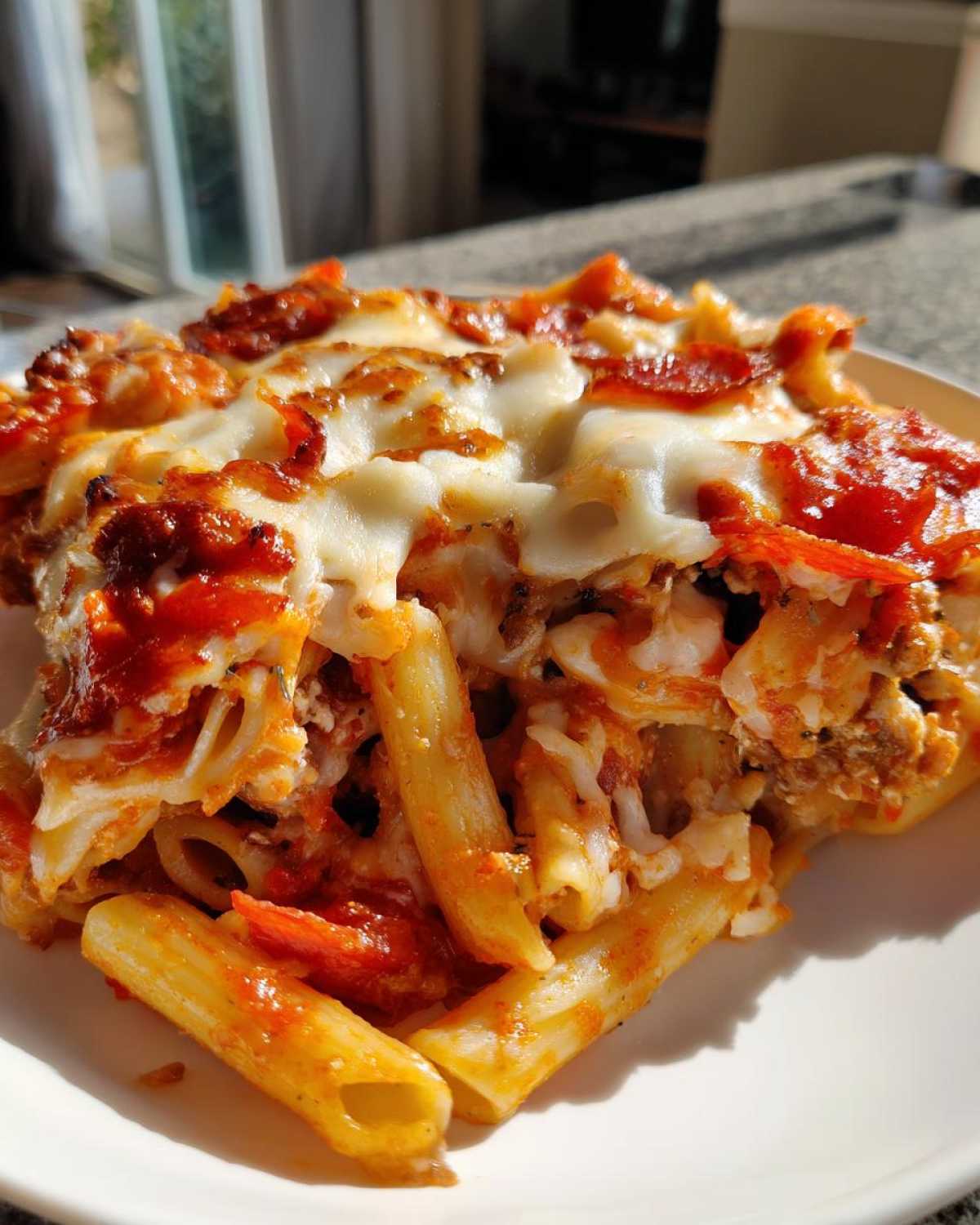 Close-up of a serving of baked pizza pasta featuring penne, rich tomato sauce, and melted mozzarella cheese with pepperoni slices.