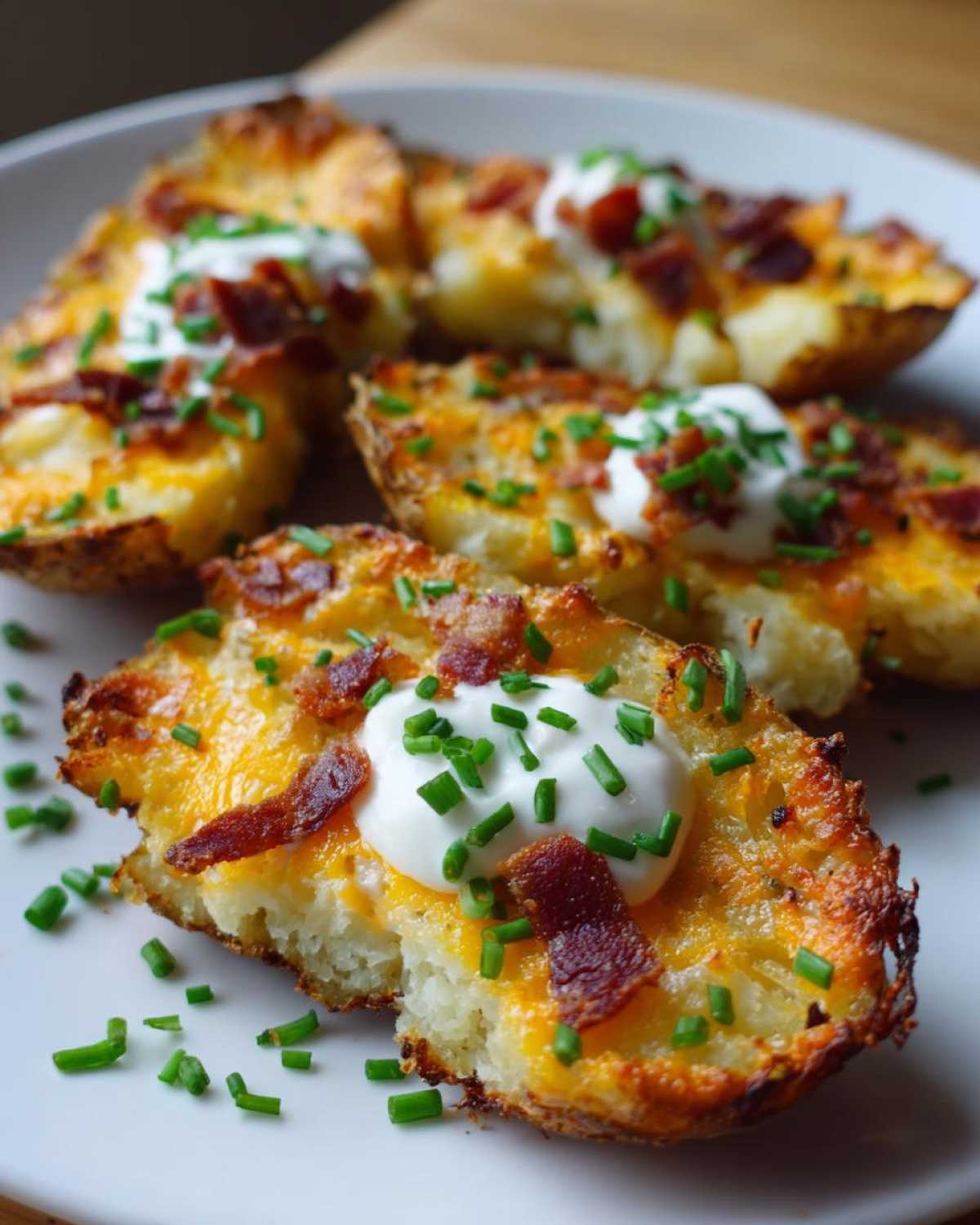 Four loaded potato skins topped with melted cheddar cheese, bacon bits, sour cream, and fresh chives, ready to eat.