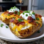 Two fully loaded potato skins topped with melted cheddar cheese, bacon bits, sour cream, and chives.